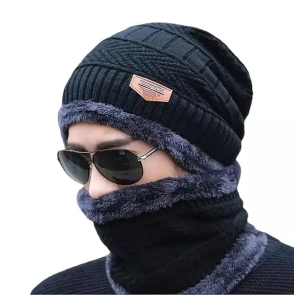 Winter Beanie Cap with Scarf Set| Warm Knit Cap |Thick Fur Lined Winter Hat & Scarf for Men/Women, black